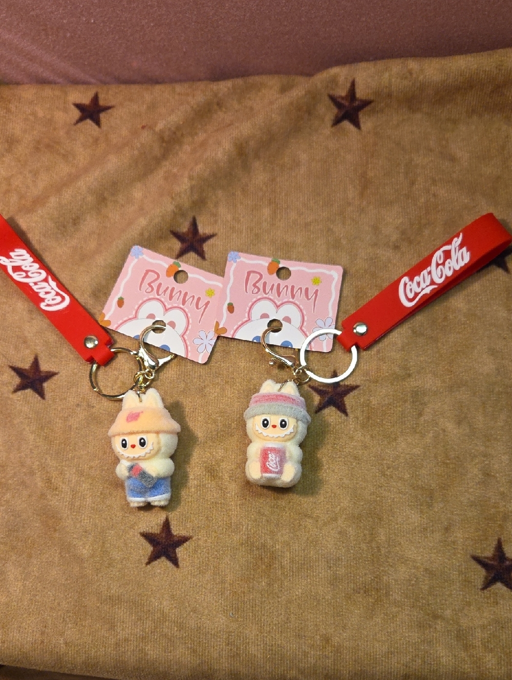 Coca-Cola Bunny Plush Keychain Pair in Cream, Red & Pink Accents